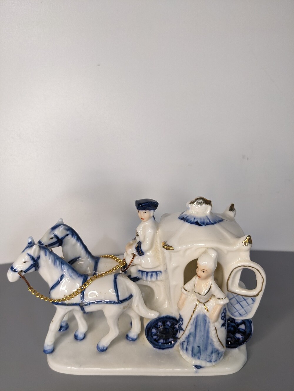Vintage Japan Capodimonte Style Porcelain Horse Carriage Figurine Blue Gold